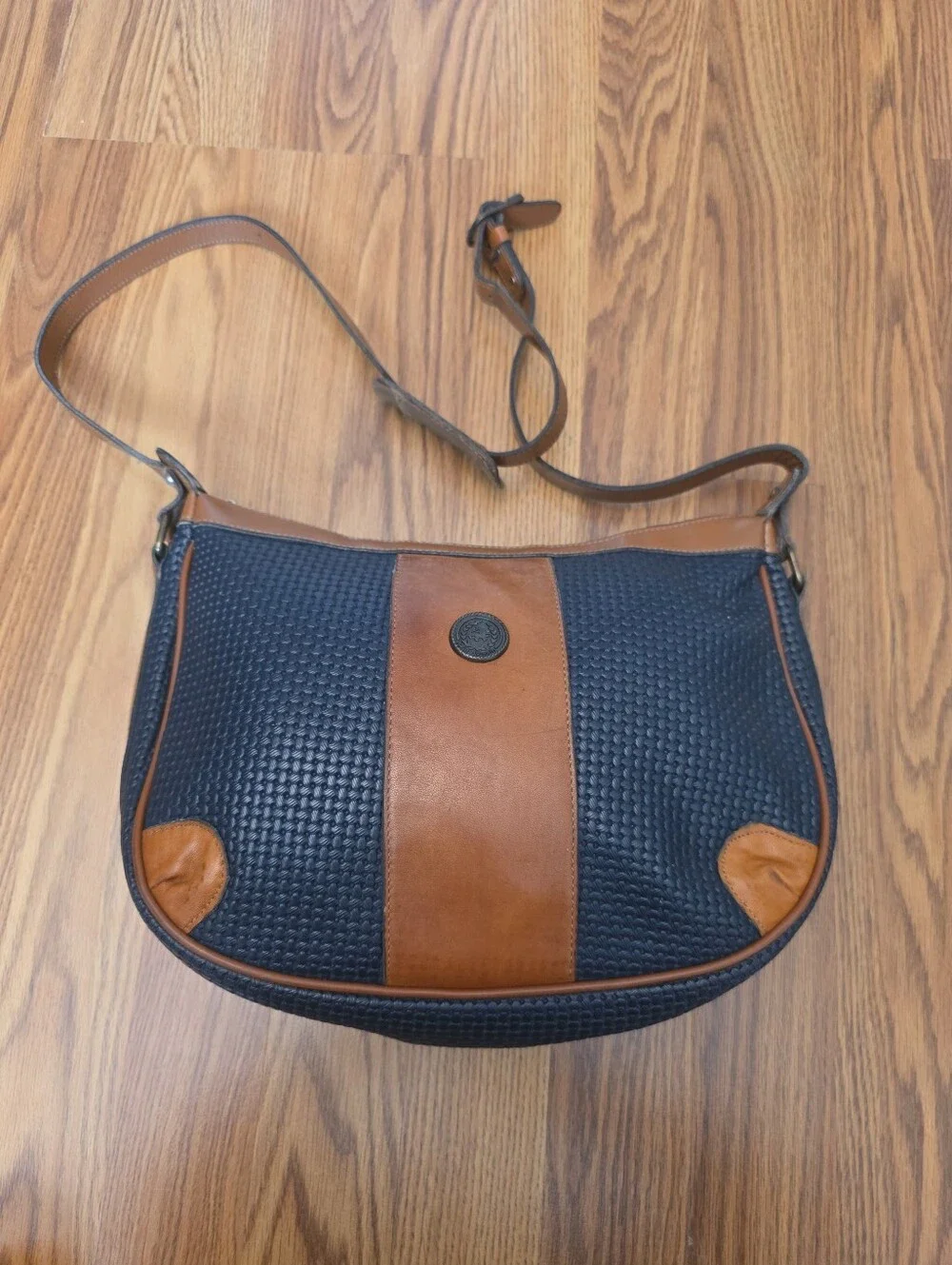 Vintage John Romain Navy Blue Tan Two Tone Shoulder Bag Crossbody Purse Textured